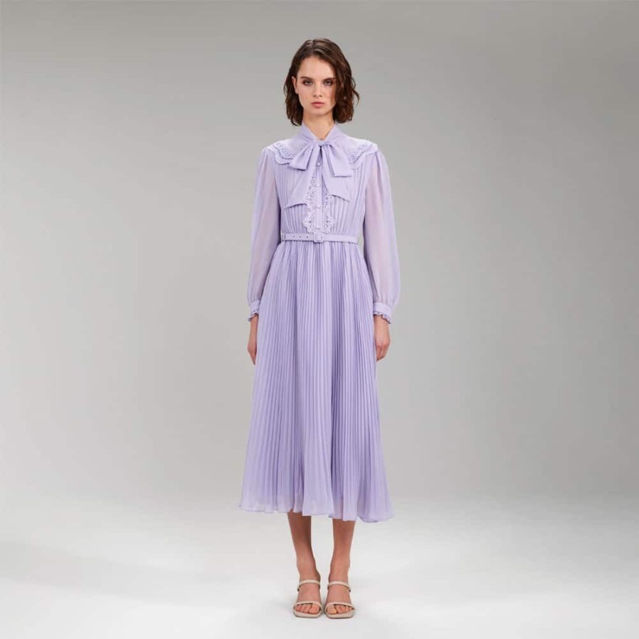 Dame Self-Portrait Kjoler | Self-Portrait - Broderie Collar Chiffon Midi Kjole Lilac