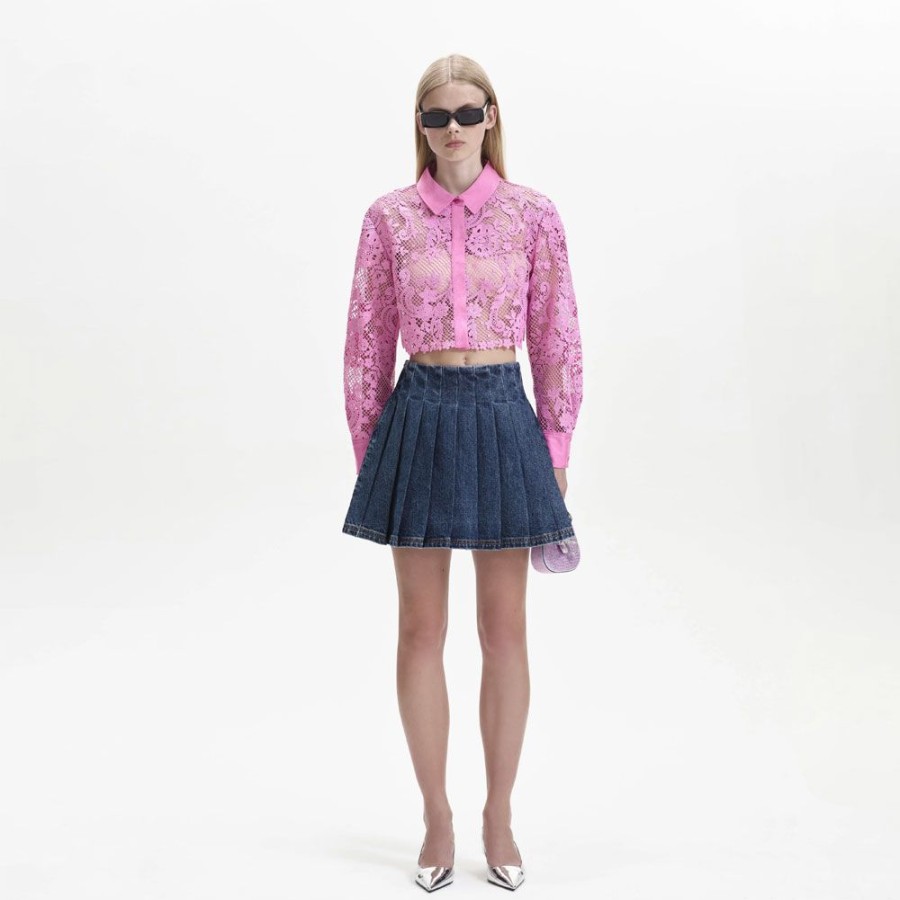 Dame Self-Portrait Bluser | Self-Portrait Lace Cropped Shirt Pink