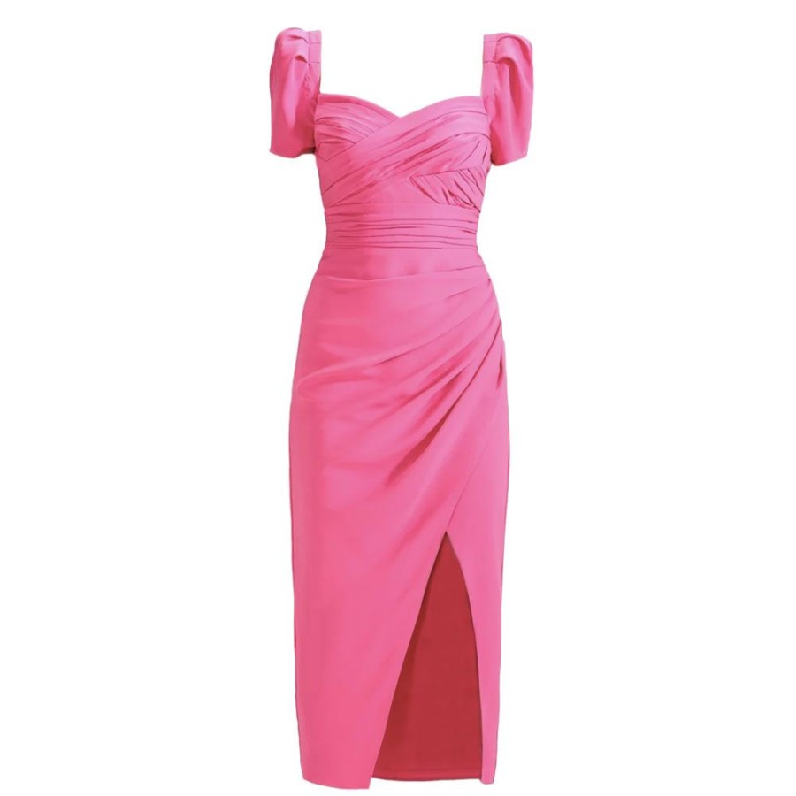 Dame Self-Portrait Kjoler | Self-Portrait - Iris Midi Dress Bright Pink