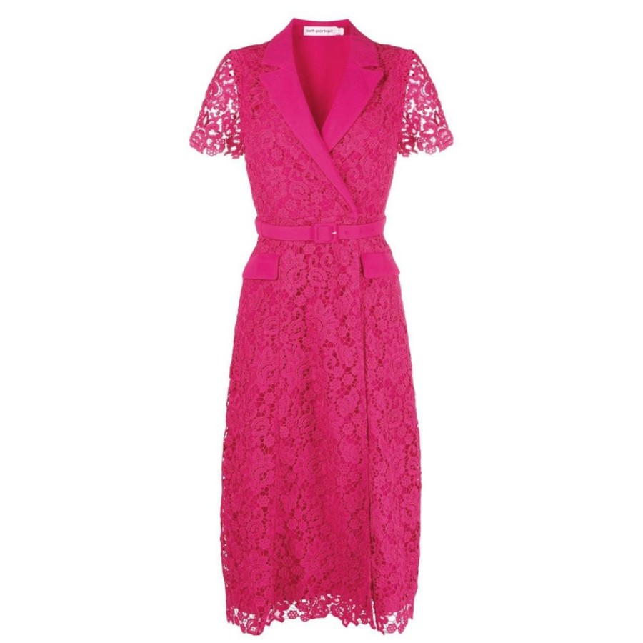 Dame Self-Portrait Kjoler | Self-Portrait - Magenta Lace Midi Dress Pink