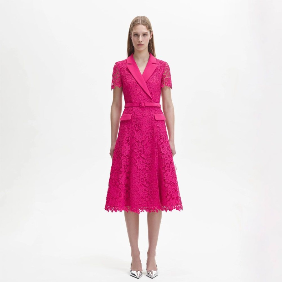 Dame Self-Portrait Kjoler | Self-Portrait - Magenta Lace Midi Dress Pink