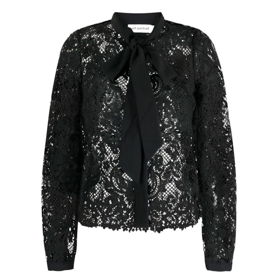 Dame Self-Portrait Skjorter | Self-Portrait - Black Lace Bow Shirt Sort