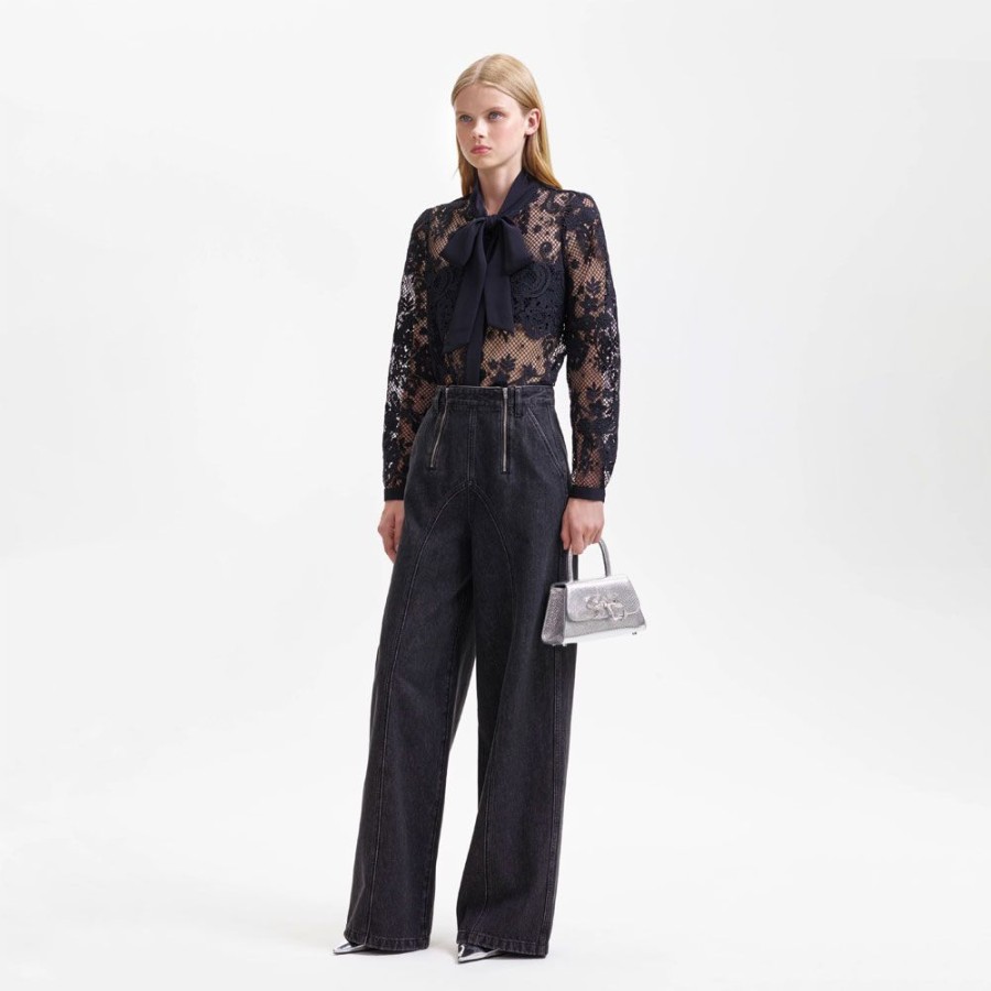 Dame Self-Portrait Skjorter | Self-Portrait - Black Lace Bow Shirt Sort