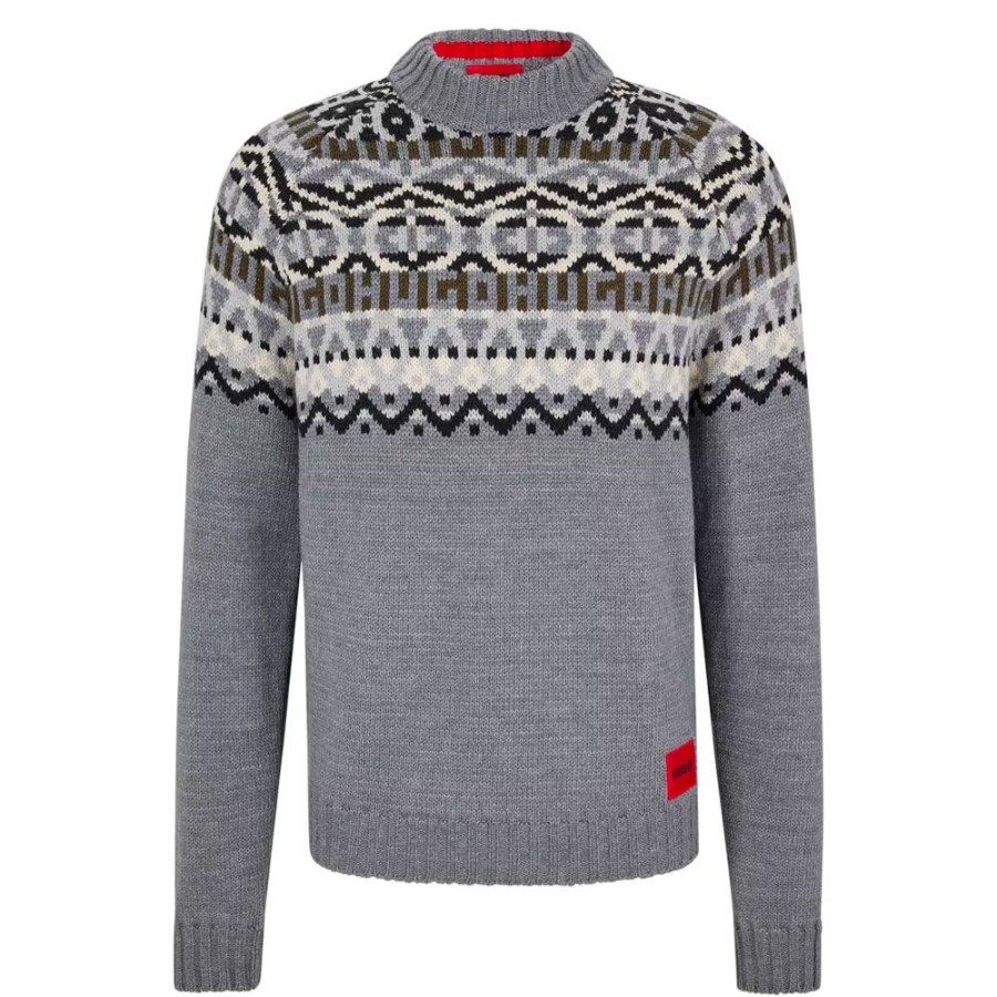 Herren HUGO Strik | Hugo - Steenor Knit Monstret Gra