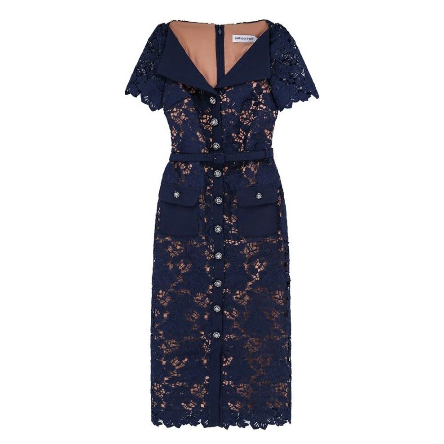 Dame Self-Portrait Kjoler | Self-Portrait - Lace Open Neck Midi Dress Navy