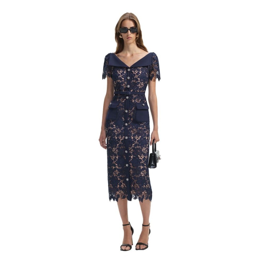 Dame Self-Portrait Kjoler | Self-Portrait - Lace Open Neck Midi Dress Navy